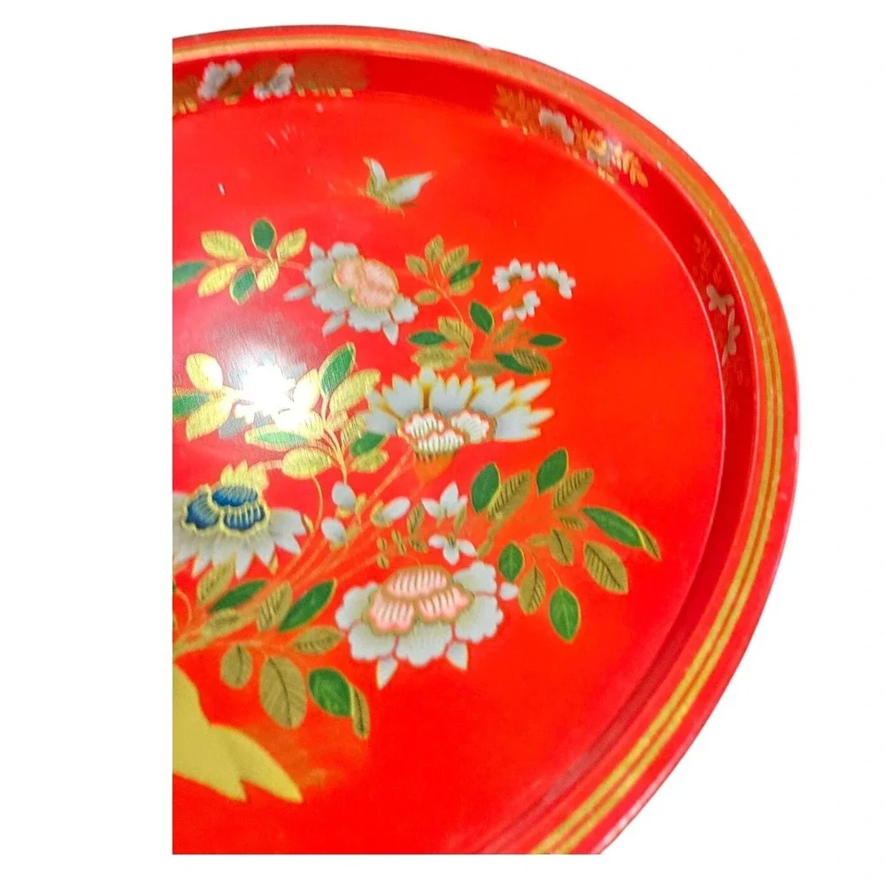 China Woods Floral Butterfly Round Metal‎ Tray Red Gold Made in England